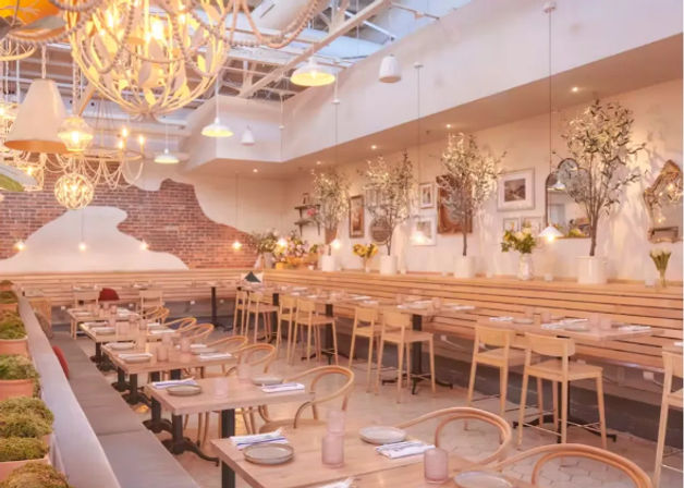 Bright airy café interior with light wood tables and curved rattan chairs, long banquette seating, hanging pendant lights and chandeliers, exposed brick accent wall and potted floral arrangements.