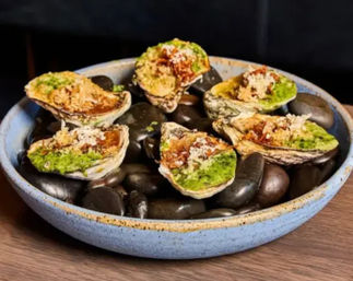 Six oysters on the half shell topped with green herb sauce and crispy breadcrumbs, arranged on black stones in a blue ceramic bowl — seafood appetizer, restaurant-style plating.