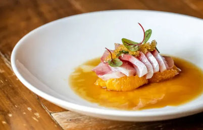 Gourmet seafood appetizer: thinly sliced raw fish on citrus segments with zesty orange sauce, microgreens and fish roe, served on a white plate on a wooden table.