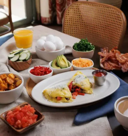 Colorful breakfast brunch spread on a dining table: folded omelette with peppers and cheese, small cup of salsa, bowls of eggs, shredded cheddar, avocado slices, diced tomatoes, roasted potatoes, cucumber, crispy bacon, orange juice and coffee.