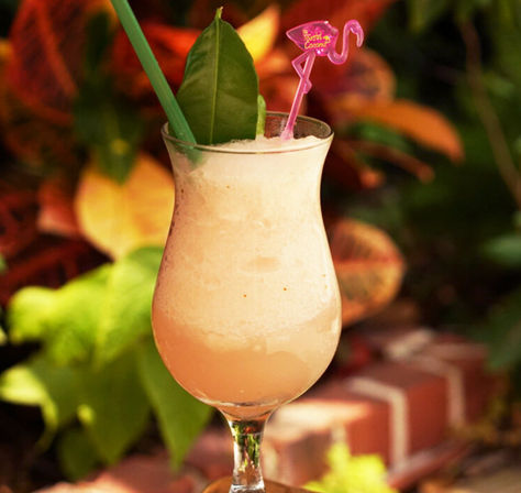 Frozen peach-colored tropical cocktail in a curvy hurricane glass with crushed ice, green straw, pink flamingo stirrer and citrus leaf garnish on a sunlit patio with blurred tropical foliage