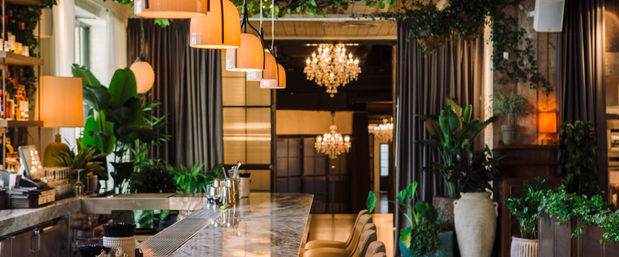 Cozy urban lounge interior with a marble bar and stools, a row of amber pendant lights, crystal chandeliers in the background, and abundant lush potted plants creating warm ambient lighting.