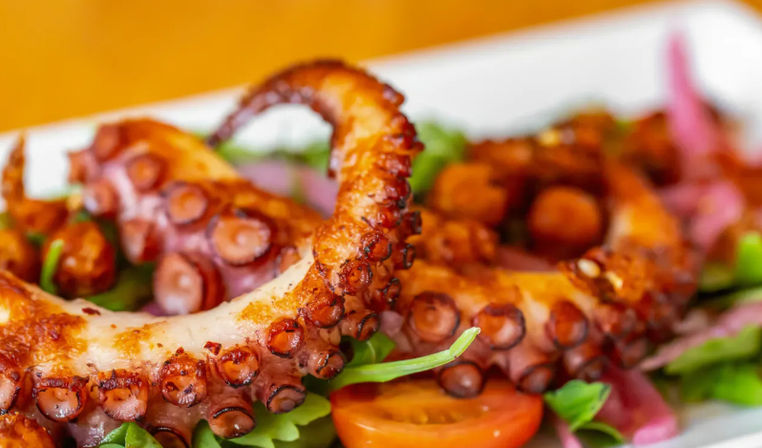 Tender charred octopus tentacles atop arugula, cherry tomatoes and pickled onions - Mediterranean-style grilled seafood salad