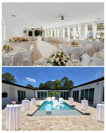 Collage of an elegant wedding venue: bright white indoor reception with floral arch, round tables and chair sashes, and a modern poolside courtyard with cocktail tables and oversized floating balloons.