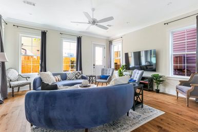Bright modern living room with curved blue velvet sofa, hardwood floors, large wall-mounted flat-screen TV, multiple windows with dark curtains letting in natural light, ceiling fan, accent chairs, area rug and potted plants.