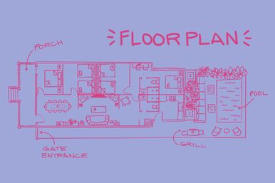 Hand-drawn pink floor plan sketch on lavender background showing a single-story layout with labeled porch, dining and living areas, multiple bedrooms and bathrooms, kitchen, gated entrance, outdoor grill and pool.