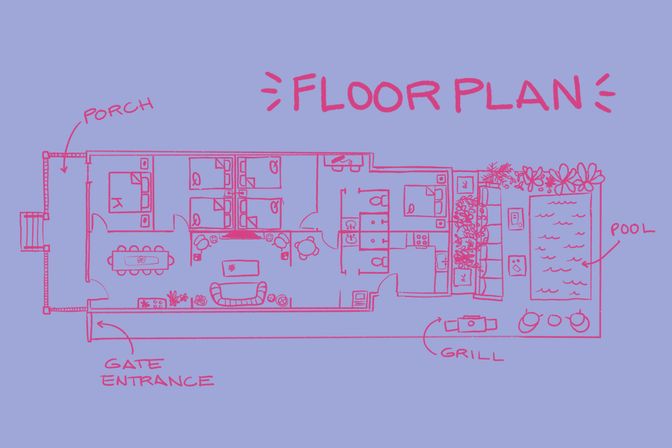 Hand-drawn pink floor plan sketch on lavender background showing a single-story layout with labeled porch, dining and living areas, multiple bedrooms and bathrooms, kitchen, gated entrance, outdoor grill and pool.