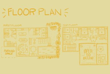 Hand-drawn yellow floor plan sketch of a two-story house showing first-floor living area, dining area, pool, garden and parking space, plus top-floor bedrooms, bathrooms and an 'open to below' loft.
