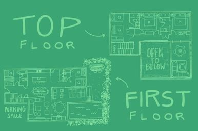 Chalkboard-style hand-drawn residential floor plan on green background showing top floor and first floor layouts, pool, parking space, stairs, and 'OPEN TO BELOW' label.
