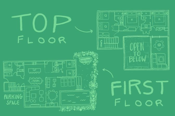 Chalkboard-style hand-drawn residential floor plan on green background showing top floor and first floor layouts, pool, parking space, stairs, and 'OPEN TO BELOW' label.