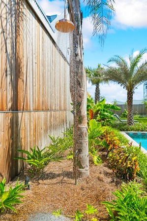 Poolside outdoor shower mounted to a palm trunk with water spraying over tropical plants and palm trees beside a wooden fence on a sunny blue-sky day