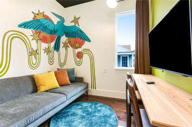 Bright modern living room with gray sofa and colorful pillows, round teal rug, playful teal bird mural with stars and green waves, light wood desk and wall-mounted TV