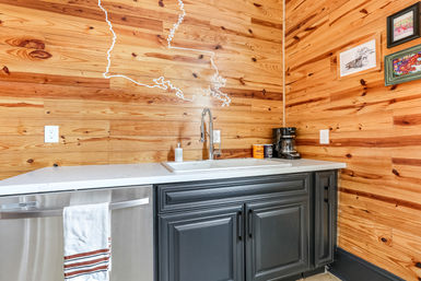 Cozy rustic kitchenette with warm wood-paneled walls, white countertop and farmhouse sink with pull-down faucet, stainless dishwasher, dark gray cabinets, coffee maker, and a white state-outline mural on the wall.