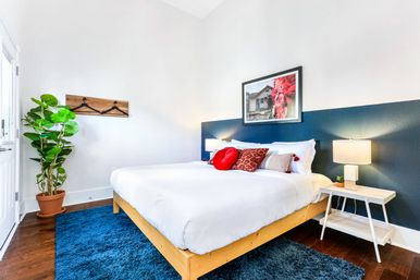 Bright modern bedroom with a light-wood platform bed dressed in white linens, navy half-wall accent, framed artwork, red decorative pillows, plush blue rug, potted fiddle-leaf plant, and bedside tables with lamps.