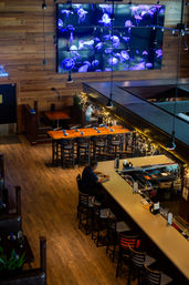 Aerial view of a cozy wood‑paneled restaurant bar with a long counter and high stools, string lights over booths, a large multi‑screen glowing jellyfish video wall, and a lone diner seated at the bar.