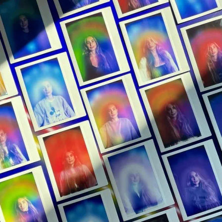Colorful collage of Polaroid-style portrait photos laid out in a grid, each image enhanced with rainbow aura halos in blues, greens, reds and purples — artistic aura photography display in a creative studio/gallery setting.