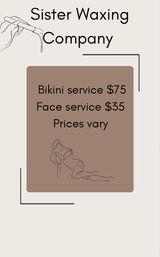 Minimalist waxing poster listing bikini waxing $75 and face service $35 with a note ‘prices vary’; brown price panel features a reclining line-art figure and a dripping wax stick illustration on a cream background.