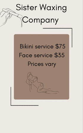 Minimalist waxing poster listing bikini waxing $75 and face service $35 with a note ‘prices vary’; brown price panel features a reclining line-art figure and a dripping wax stick illustration on a cream background.