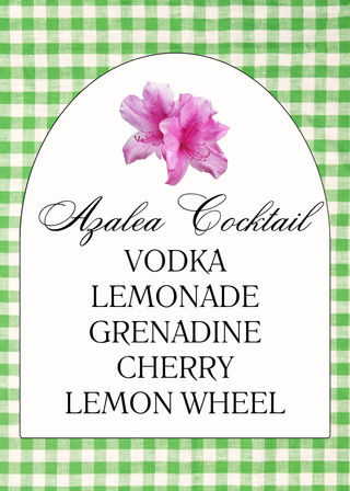 Bright green gingham poster featuring a pink azalea and the title “Azalea Cocktail,” listing ingredients: vodka, lemonade, grenadine, cherry, lemon wheel.