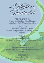 Coastal watercolor menu titled “A Night on Nantucket” listing New England clam chowder, charcuterie and artisanal cheeses, heirloom panzanella, classic lobster roll on brioche, and summer berry crisp.