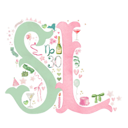 Pastel party monogram: mint letter S and pink letter L decorated with balloons, cake, champagne bottle, cocktail glasses, party hat, ribbons, stars, hearts and the number 30 — whimsical birthday celebration illustration.
