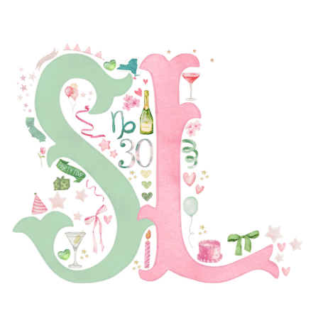 Pastel party monogram: mint letter S and pink letter L decorated with balloons, cake, champagne bottle, cocktail glasses, party hat, ribbons, stars, hearts and the number 30 — whimsical birthday celebration illustration.