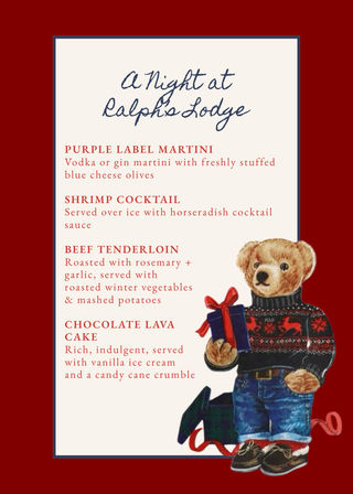Holiday lodge dinner menu poster with cream panel and red border listing martini, shrimp cocktail, beef tenderloin and chocolate lava cake, accompanied by an illustrated teddy bear holding a wrapped gift.