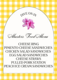 Picnic-style yellow gingham poster with an arched white menu panel, pink flower and “Dive on in” header, listing cheese ring, pimento cheese sandwiches, chicken salad sandwiches, egg salad sandwiches, cheese straws, pulled pork station and peach ice cream sandwiches.