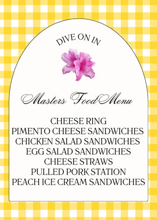 Picnic-style yellow gingham poster with an arched white menu panel, pink flower and “Dive on in” header, listing cheese ring, pimento cheese sandwiches, chicken salad sandwiches, egg salad sandwiches, cheese straws, pulled pork station and peach ice cream sandwiches.