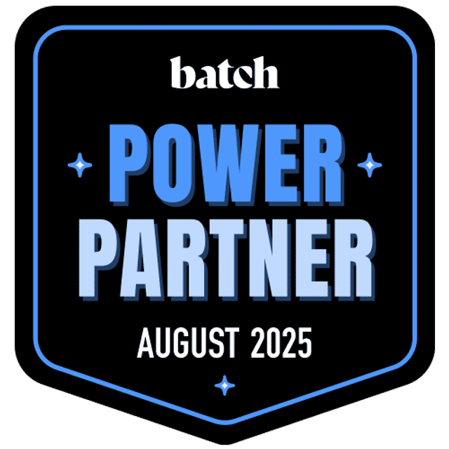 Black shield-style recognition badge declaring "POWER PARTNER" in bold blue letters with small star accents and the date "August 2025"