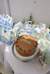 Chocolate frosted cake labeled "Amore" with rainbow sprinkles on a silver stand, surrounded by blue-and-green striped party favor bags on a white dessert table — sunlit garden party dessert setup