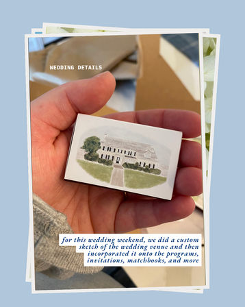 Hand holding a custom matchbook showing a watercolor sketch of a wedding venue — a white colonial-style house with front lawn and walkway, used for invitations, programs, and favors.
