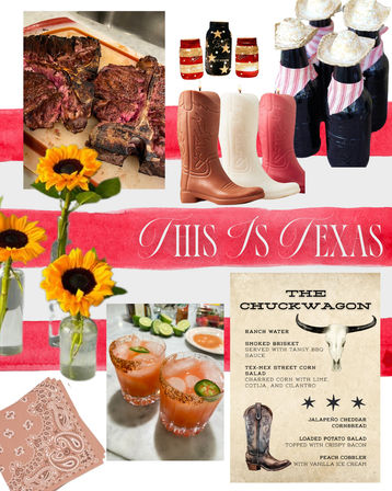 Vibrant Texas-themed collage featuring sliced smoked brisket, cowboy boots, sunflowers in jars, spicy jalapeño cocktails with chili-rimmed glasses, wrapped bottled drinks and a rustic western menu over red watercolor stripes.