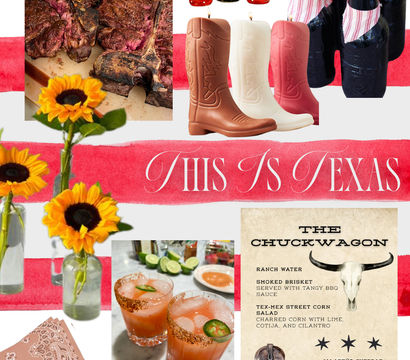 Vibrant Texas-themed collage featuring sliced smoked brisket, cowboy boots, sunflowers in jars, spicy jalapeño cocktails with chili-rimmed glasses, wrapped bottled drinks and a rustic western menu over red watercolor stripes.
