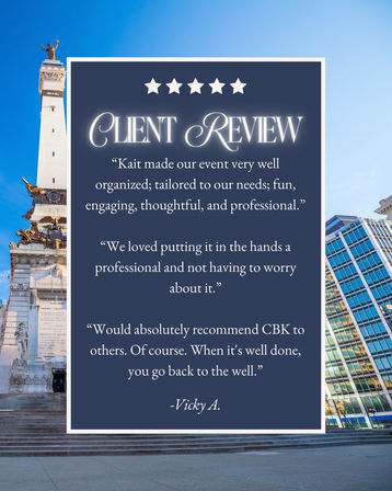 Five-star client review graphic on a navy panel set against a downtown monument and modern glass office building, quoting praise for an event planner as organized, tailored, fun, and professional, ending with a client signature.
