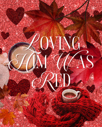 Cozy red collage: glitter heart background, autumn maple leaves, red knit scarf with coffee cups and decorative white script text, seasonal Valentine/fall vibe.