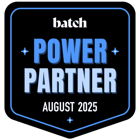 Shield-style black and blue badge reading POWER PARTNER with AUGUST 2025 in bold typography and small decorative stars