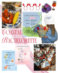 Coastal bachelorette collage featuring a lobster boil plate with corn, weekend itinerary card, red lobster-claw headbands, Nantucket cap, hydrangea bouquet, cocktails, and seaside straw gift baskets with snacks and favors.