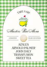 Golf-themed Masters Tournament bar menu on green gingham background, white arched card with tournament logo and “Take a Sip” headline and listed cocktails: Azalea, Arnold Palmer, John Daly, Transfusion, Sweet Tea.