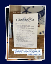 Nautical-themed 70th birthday game card on a wooden table: a playful ‘Charting’ prompt sheet with a sailboat graphic, sample guest questions for a beach-style celebration and blurred starfish décor in the background.
