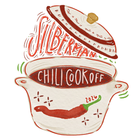 Playful watercolor-style ceramic pot with tilted lid, red chili painted on the pot, bold hand-lettered Chili Cookoff inside and decorative lettering above.