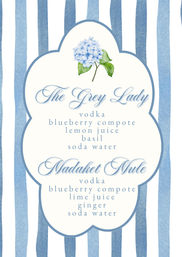 Watercolor blue-and-white striped cocktail menu with a scalloped cream label, blue hydrangea illustration, and elegant script listing two cocktails and ingredients (vodka, blueberry compote, lemon and lime juice, basil, ginger, soda water).