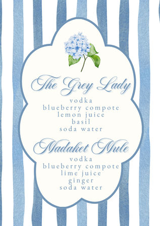 Watercolor blue-and-white striped cocktail menu with a scalloped cream label, blue hydrangea illustration, and elegant script listing two cocktails and ingredients (vodka, blueberry compote, lemon and lime juice, basil, ginger, soda water).