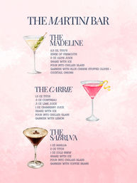 Pink illustrated martini menu titled 'The Martini Bar' showing three watercolor cocktail glasses and recipes for The Madeline, The Carrie, and The Sabrina.