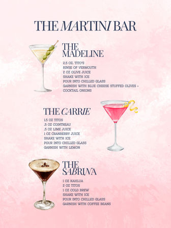 Pink illustrated martini menu titled 'The Martini Bar' showing three watercolor cocktail glasses and recipes for The Madeline, The Carrie, and The Sabrina.