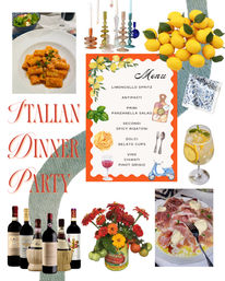 Bright collage for an Italian dinner party: printed menu surrounded by spicy rigatoni and antipasti plates, panzanella salad, gelato cups, bottles of Chianti, limoncello spritz, lemons and flowers.