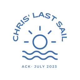 Cheerful blue nautical badge: stylized sun with rays above three wavy lines, arched text reading "LAST SAIL" and small caption "ACK · JULY 2023".