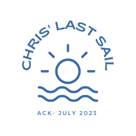 Cheerful blue nautical badge: stylized sun with rays above three wavy lines, arched text reading "LAST SAIL" and small caption "ACK · JULY 2023".