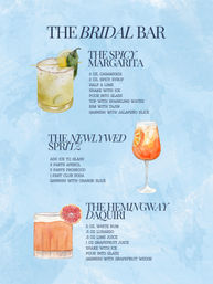 Wedding cocktail menu titled 'The Bridal Bar' on a pale blue watercolor background with playful watercolor illustrations and recipes for a Spicy Margarita, Newlywed Spritz, and Hemingway Daiquiri, each showing garnish notes.