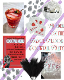 Disco-themed collage for a 'Murder on the Dancefloor' cocktail party: blood-red cocktail with chili-salt rim and blackberry, mirrored disco ball, embroidered napkins, themed cocktail menu, blood-rimmed flutes and black feather centerpieces.